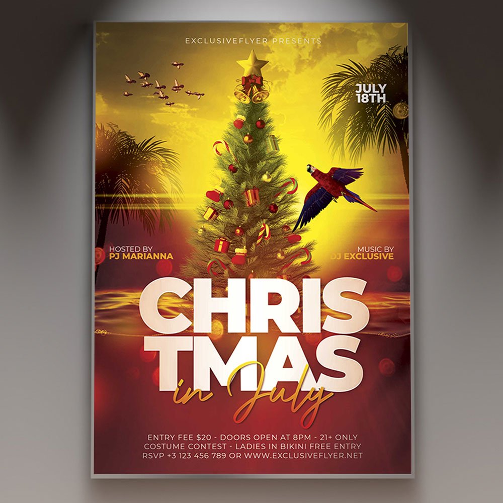 christmas-in-july-event-flyer-psd-template-1 A professional Christmas in July Event Flyer PSD Template for 2026, featuring a blend of tropical palm trees and icy holiday snowflakes for a summer party.