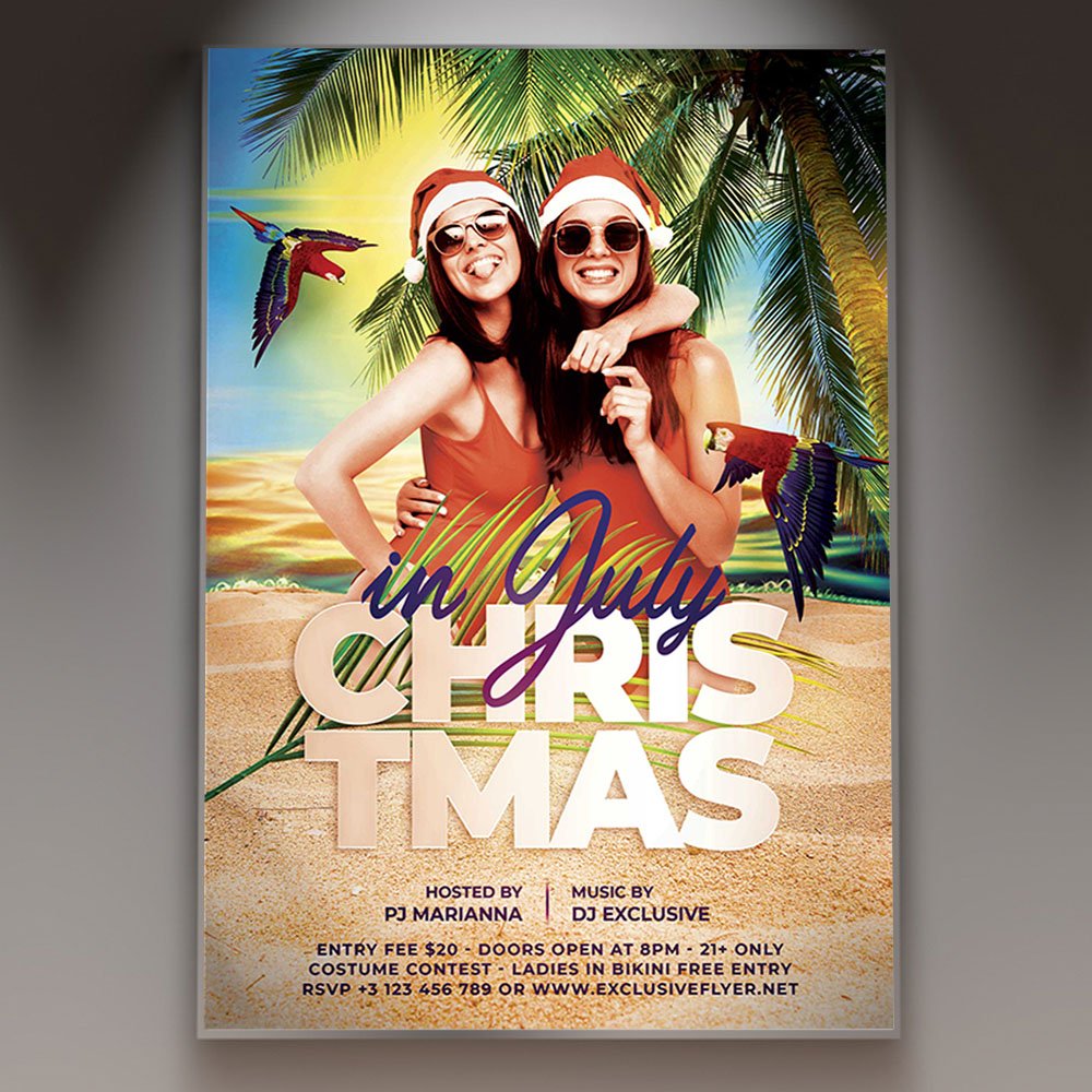 christmas-in-july-madness-flyer-psd-template-1 A professional Christmas in July Madness Flyer PSD Template for 2026 featuring wild neon holiday lights, a sun-tanned Santa, and electric summer party vibes.