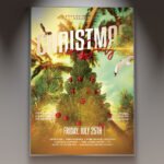 A professional Christmas in July Party Flyer PSD Template featuring a sun-tanned Santa, tropical palm trees, and elegant icy 2026 typography.