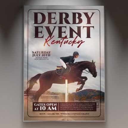 A professional Derby Event Flyer PSD Template featuring a dynamic horse racing silhouette, elegant roses, and bold gold 2026 typography.