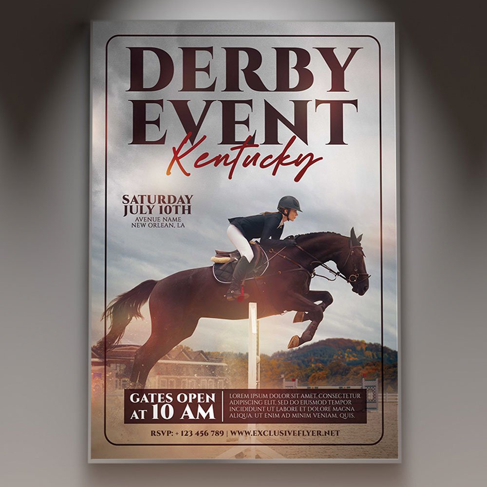 derby-event-flyer-psd-template-1 A professional Derby Event Flyer PSD Template featuring a dynamic horse racing silhouette, elegant roses, and bold gold 2026 typography.