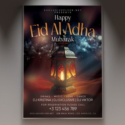 A professional Eid-al-Adha Flyer PSD Template for 2026 featuring elegant Islamic geometric patterns, a glowing crescent moon, and golden lantern accents.