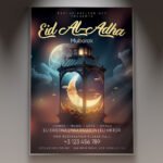 A professional Eid-al-Adha Mubarak Flyer PSD Template for 2026 featuring elegant gold lanterns, a crescent moon, and sophisticated Islamic geometric patterns.