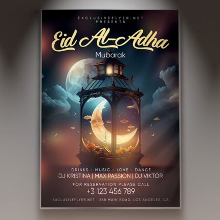 A professional Eid-al-Adha Mubarak Flyer PSD Template for 2026 featuring elegant gold lanterns, a crescent moon, and sophisticated Islamic geometric patterns.