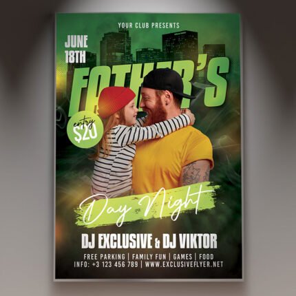 A professional Father's Day Night Flyer PSD Template for 2026, featuring a sleek dark aesthetic, cinematic gold accents, and bold masculine typography for a late-night event.