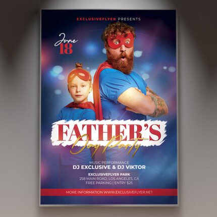 A professional Father's Day Party Flyer PSD Template for 2026 featuring a lively backyard BBQ aesthetic, vibrant colors, and modern bold typography.