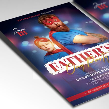 A customizable 2026 Father's Day party poster in PSD format with high-resolution textures, playful design accents, and organized Photoshop layers.