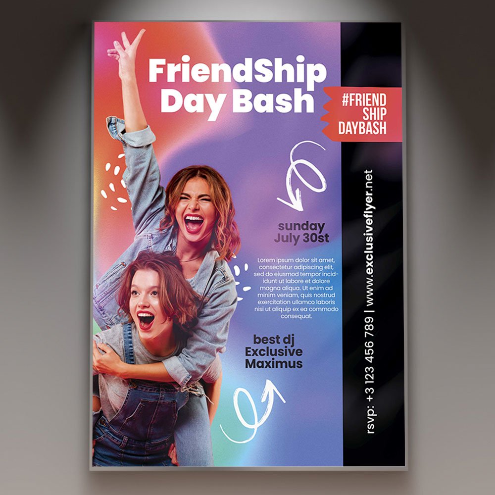friendship-day-bash-flyer-psd-template-1 A professional Friendship Day Bash Flyer PSD Template for 2026 featuring a high-energy party atmosphere, vibrant neon accents, and bold modern typography.