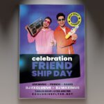 A professional Friendship Day Celebration Flyer PSD Template for 2026 featuring warm lighting, vibrant color accents, and a modern layout for social gatherings.