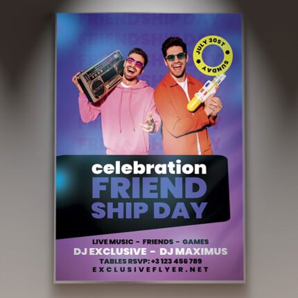 A professional Friendship Day Celebration Flyer PSD Template for 2026 featuring warm lighting, vibrant color accents, and a modern layout for social gatherings.