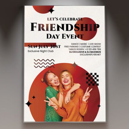 A professional Friendship Day Event Flyer PSD Template for 2026 featuring warm, inviting imagery, elegant modern typography, and a clean social layout.