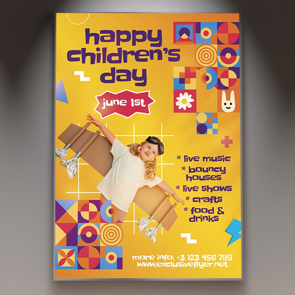 happy-childrens-day-flyer-psd-template-1 A professional Happy Children's Day Flyer PSD Template for 2026, featuring vibrant colors, playful 3D balloons, and cheerful character illustrations.