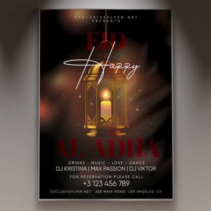 A professional Happy Eid-al-Adha Flyer PSD Template for 2026 featuring warm glowing lanterns, an elegant crescent moon, and vibrant festive patterns.