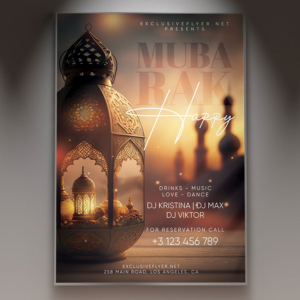 happy-mubarak-flyer-psd-template-1 A professional Happy Mubarak Flyer PSD Template for 2026 featuring warm glowing lanterns, an elegant crescent moon, and vibrant festive patterns.
