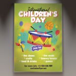 A professional International Children's Day Flyer PSD Template featuring global 2026 illustrations, vibrant colors, and playful children characters for community events.