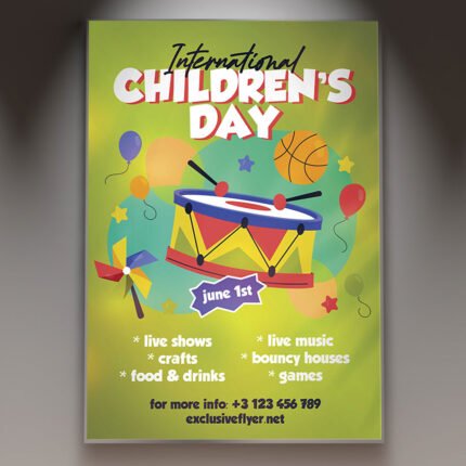 A professional International Children's Day Flyer PSD Template featuring global 2026 illustrations, vibrant colors, and playful children characters for community events.