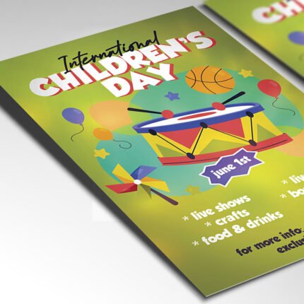 A customizable 2026 children's day celebration flyer in PSD format with high-definition textures, balloons, and whimsical design elements.