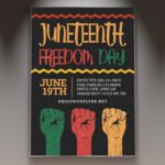 A professional Juneteenth Affair Flyer PSD Template for 2026 featuring a sophisticated Pan-African color palette, modern freedom symbols, and bold typography.