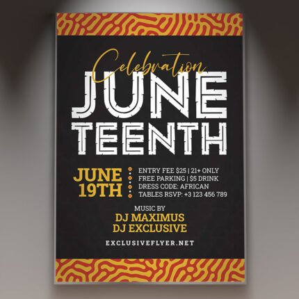 A professional Juneteenth Celebration Flyer PSD Template for 2026 featuring vibrant heritage colors, celebratory graphics, and modern bold typography.
