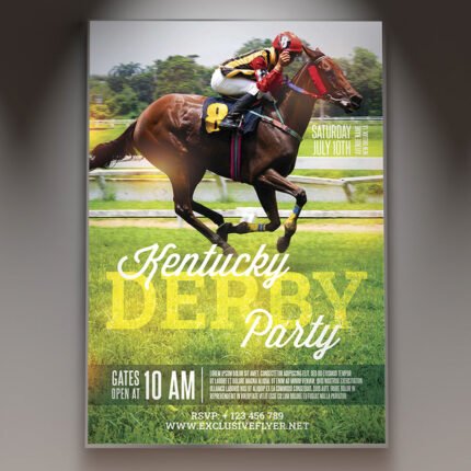 A professional Kentucky Derby Party Flyer PSD Template featuring elegant red roses, a horse racing silhouette, and sophisticated 2026 typography.