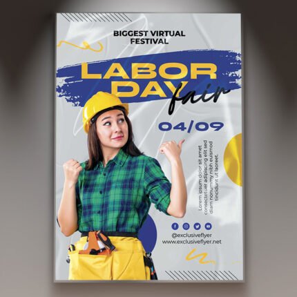 A professional Labor Day Fair Flyer PSD Template for 2026 featuring festive outdoor bunting, vibrant park-themed graphics, and bold modern typography.