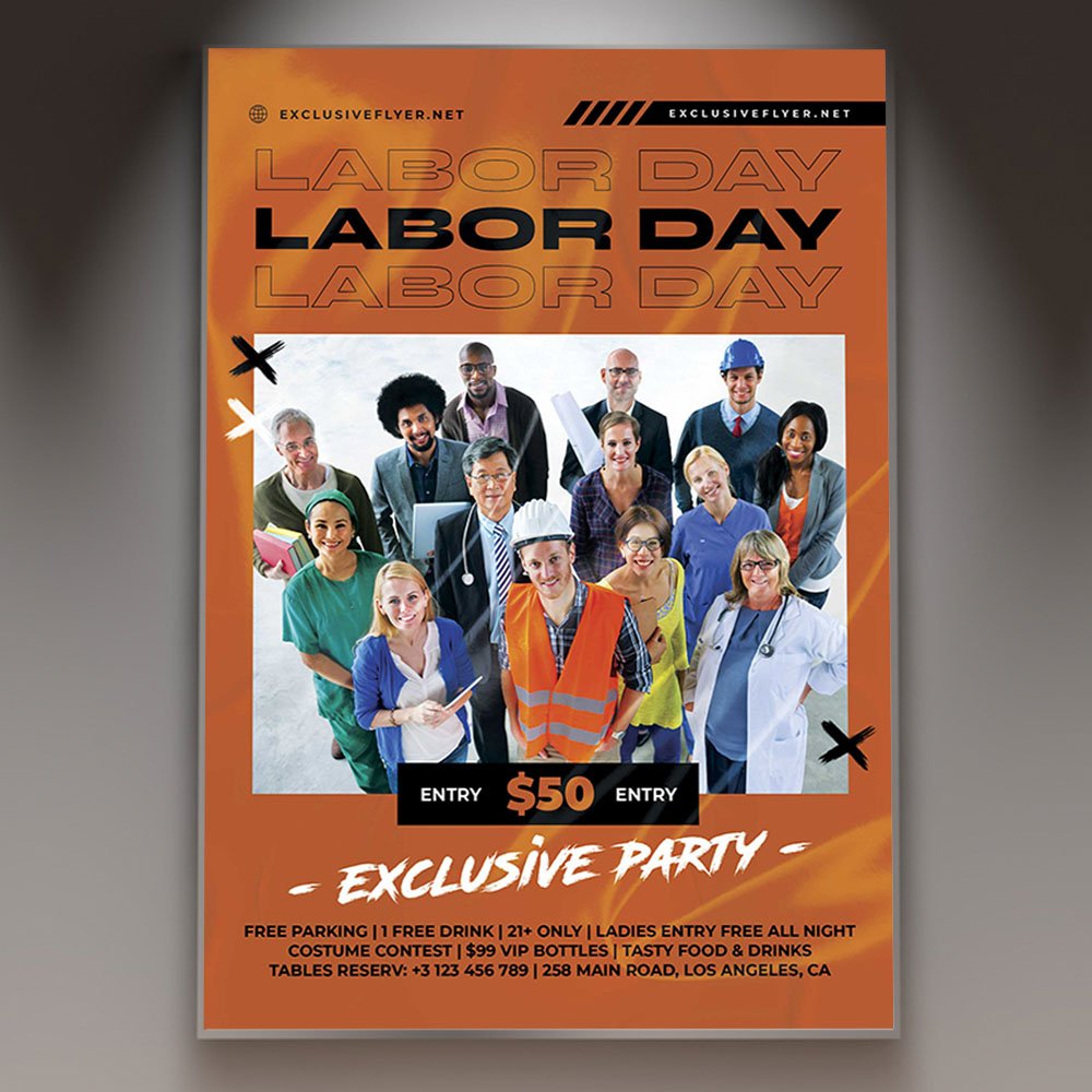 labor-day-party-flyer-psd-template-1 A professional Labor Day Party Flyer PSD Template for 2026 featuring energetic holiday graphics, vibrant red, white, and blue accents, and modern party typography.