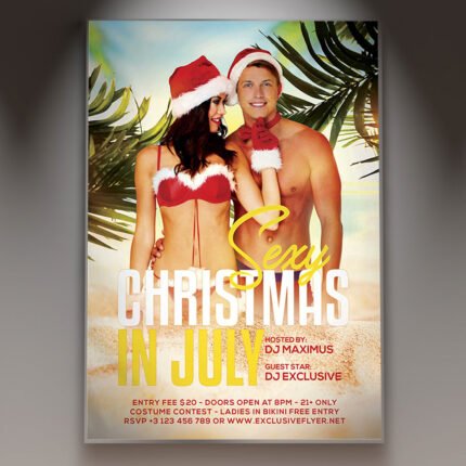 A professional Sexy Christmas in July Flyer PSD Template for 2026, featuring a seductive summer-winter fusion with ice-blue lighting and bold club typography.