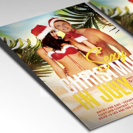 A customizable 2026 Christmas in July party poster in PSD format with high-definition tropical holiday graphics and organized Photoshop layers.