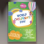 A professional World Children's Day Flyer PSD Template featuring playful 2026 illustrations, cheerful children characters, and vibrant blue and yellow colors.