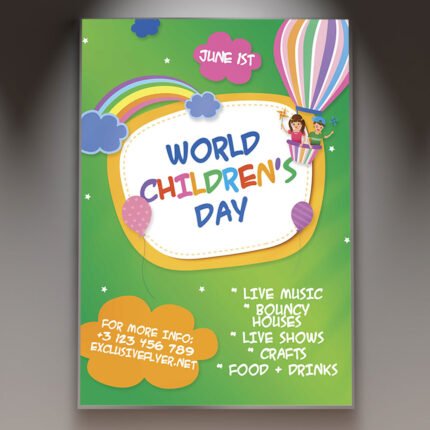 A professional World Children's Day Flyer PSD Template featuring playful 2026 illustrations, cheerful children characters, and vibrant blue and yellow colors.