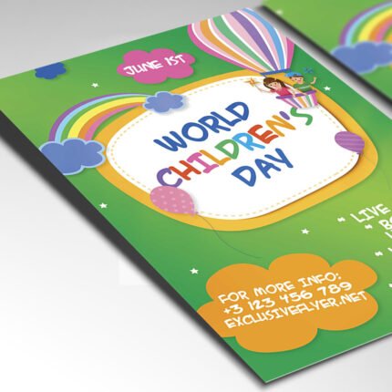 A customizable 2026 children's rights event flyer showcasing a clean whimsical layout with high-definition textures and editable Photoshop text layers.