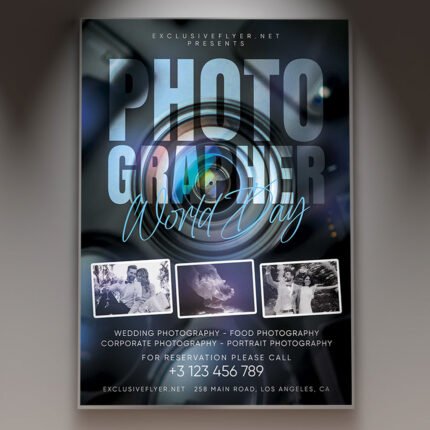 A professional World Photography Day Flyer PSD Template for 2026 featuring a cinematic camera lens focus, sleek dark aesthetic, and modern artistic typography.