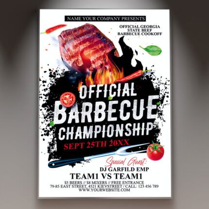 A professional Barbecue Championship Flyer PSD Template for 2026 featuring realistic fire graphics, rustic charcoal textures, and bold food-themed typography.