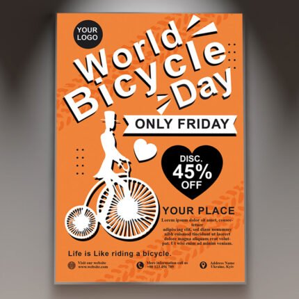 A professional Bicycle Day Event Flyer PSD Template for 2026 featuring a high-energy cycling theme, vibrant outdoor colors, and bold modern typography.