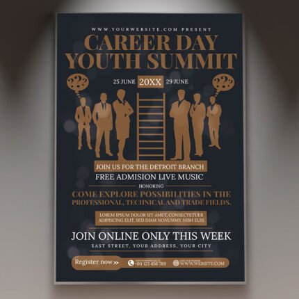 A professional Career Day Summit Flyer PSD Template for 2026 featuring an elite corporate layout, architectural design elements, and high-status business typography.