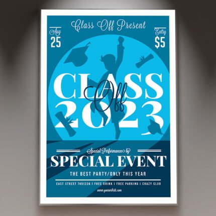 A professional Class of 2026 Event Flyer PSD Template featuring elegant gold and black celebratory aesthetics, sparkling cinematic lighting, and modern academic typography.