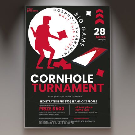 A professional Cornhole Party Flyer PSD Template for 2026 featuring a rustic outdoor aesthetic, cinematic sun-drenched lighting, and bold tournament typography.