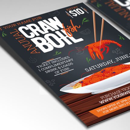 Customizable 2026 seafood boil event poster in PSD format with high-definition textures, organized Photoshop layers, and premium food imagery placeholders.