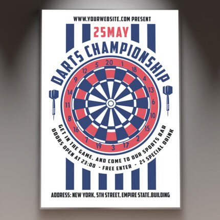 A professional Darts Championship Flyer PSD Template for 2026 featuring a high-energy sports aesthetic, cinematic lighting, and bold tournament typography.