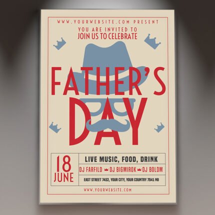 A professional Father's Day Event Flyer PSD Template for 2026 with classic masculine textures, warm cinematic lighting, and elegant modern typography.