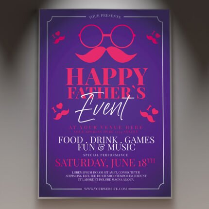 A professional Happy Father's Day Flyer PSD Template for 2026 featuring a warm, elegant aesthetic, cinematic lighting, and modern celebratory typography.