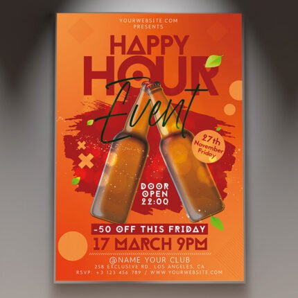 A professional Happy Hour Event Flyer PSD Template for 2026 featuring cinematic cocktail photography, urban neon accents, and modern nightlife typography.
