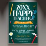 A professional Happy Teacher's Day Flyer PSD Template for 2026 featuring a sophisticated academic aesthetic, warm lighting, and elegant education-themed graphics.