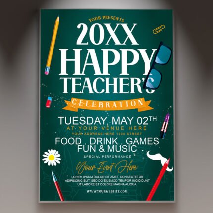 A professional Happy Teacher's Day Flyer PSD Template for 2026 featuring a sophisticated academic aesthetic, warm lighting, and elegant education-themed graphics.