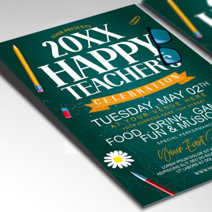 Customizable 2026 Teacher Appreciation event poster in PSD format with high-definition book and globe motifs, organized Photoshop layers, and premium award bio placeholders.