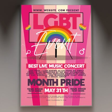 A professional LGBT Event Pride Flyer PSD Template for 2026 featuring a vibrant rainbow aesthetic, cinematic lighting, and bold inclusive typography.