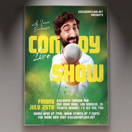 A professional Live Comedy Show Flyer PSD Template for 2026 with a vibrant brick-wall background, iconic microphone spotlight, and bold modern typography.