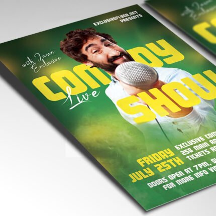 Customizable 2026 stand-up comedy poster in PSD format featuring high-definition stage textures, organized Photoshop layers, and artistic performer frames.