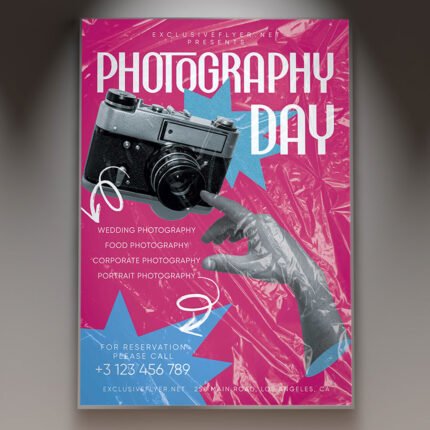 A professional Photography Day Flyer PSD Template for 2026 featuring a stylish camera lens motif, creative aperture graphics, and modern minimalist typography.