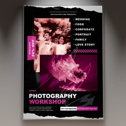 A professional Photography Day Workshop Flyer PSD Template for 2026 featuring educational camera motifs, clean professional layouts, and modern instructional typography.